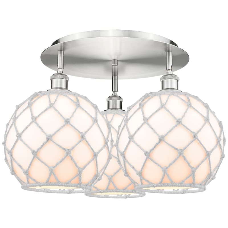 Innovations Lighting Endless Possibilities Ballston - Farmhouse Rope - 3 Light 22" Flush Mount - White Glass with White Rope/Satin Nickel