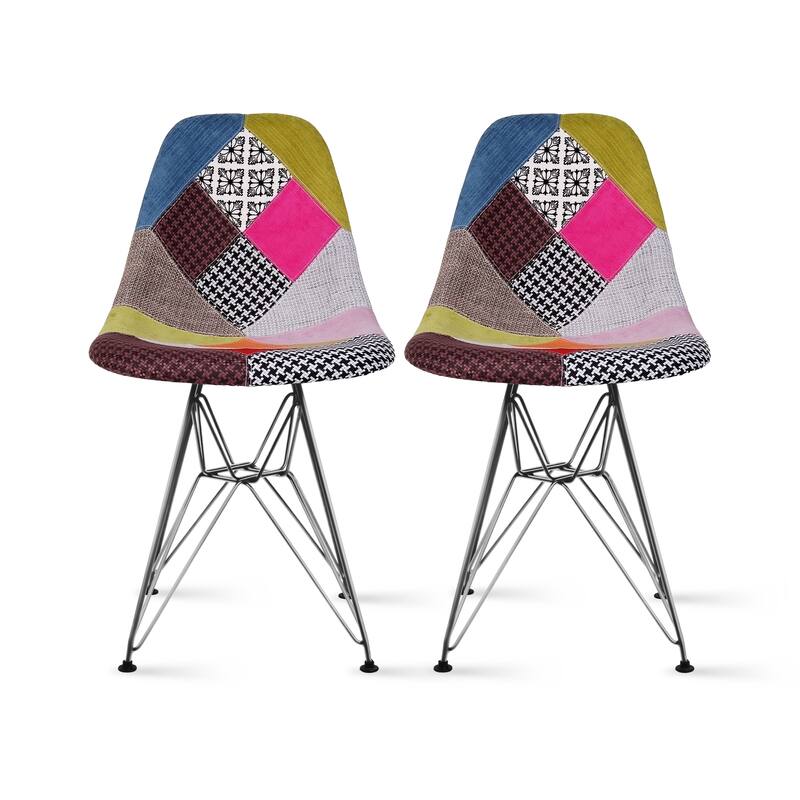 Set of 2 Modern Colorful DSW-Style Armless Dining Chairs – UV‑Resistant Molded Plastic Shells on Chrome Eiffel Legs for Kitchen - patchwork a