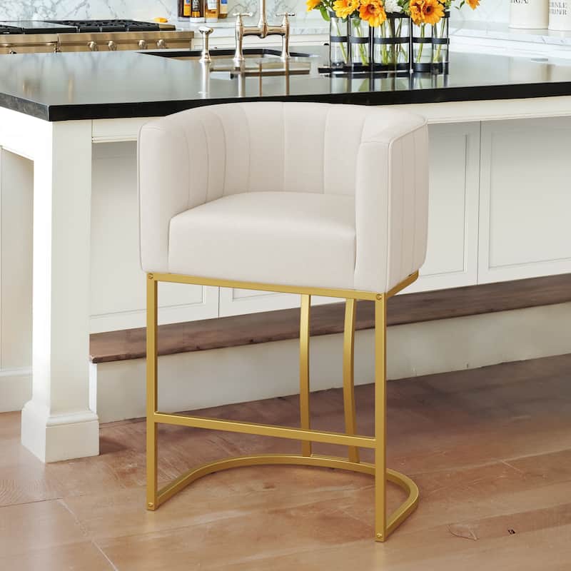 LUE BONA Modern 26.in Barstool Upholstered/PU Leather Counter Height Stool Low Back Barrel Bar Stool with Metal Frame - Beige&Golden/Fabric