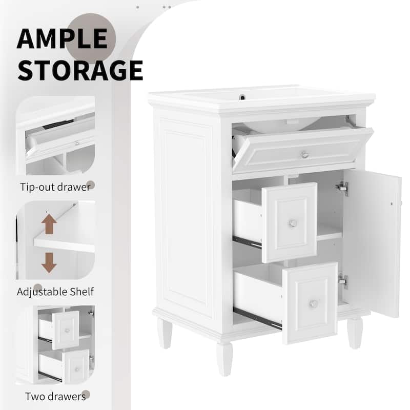 GDFStudio - Sophia 24-Inch Bathroom Vanity with Ceramic Sink, Flip Drawer and Adjustable Storage