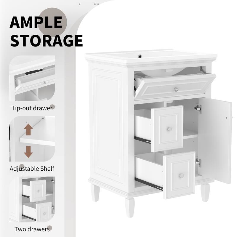 Roomfitters 24" Bathroom Vanity with Sink, Solid Wood Frame, Flip Drawer, 2 Side Drawers & Adjustable Shelf