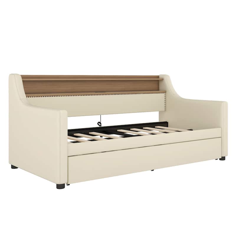 Modern Twin Upholstered Daybed with Trundle, Charging Station, and RGB LED Lights in Beige