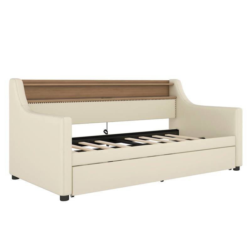 Twin Size Daybed with Trundle, Upholstered Daybed with Charging Station and LED Lights