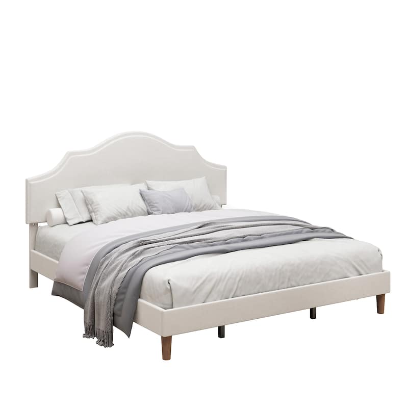 King Size Bed Frame Upholstered Platform Bed with Adjustable Headboard,Linen Fabric Padded,Modern Simple Style Platform Bed