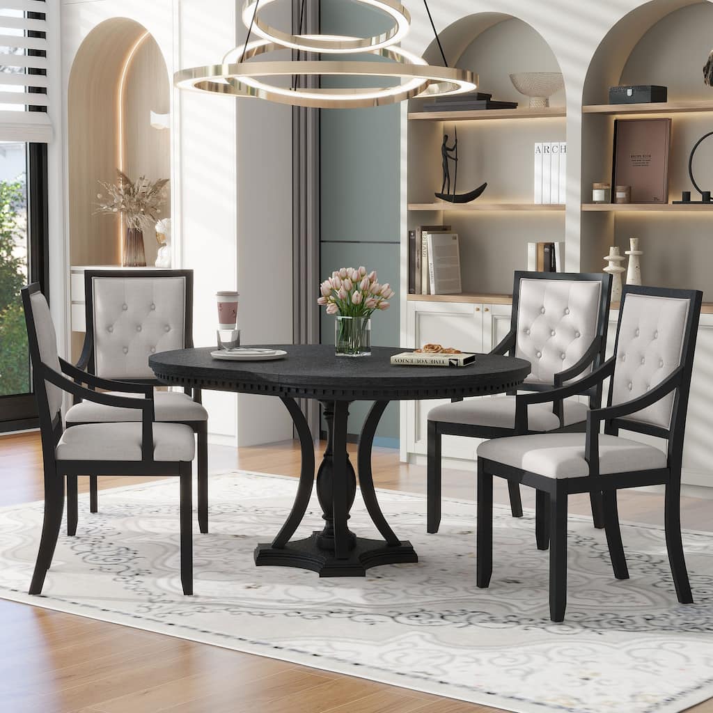 Roomfitters Extendable Oval Dining Table Set, 4 Upholstered Arm Chairs, 5-Piece Kitchen Furniture, Black Oak