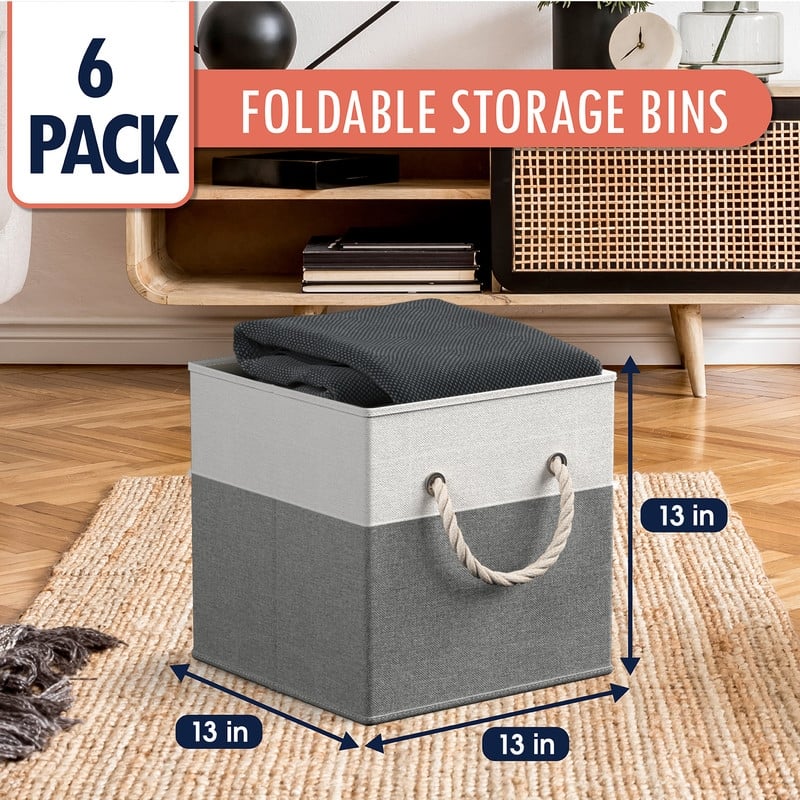 Foldable Collapsible Storage Box Bins Linen Fabric Shelf Basket Cube Organizer with Rope Handles - Set of 6 - 13 x 13 x 13 - White/Black