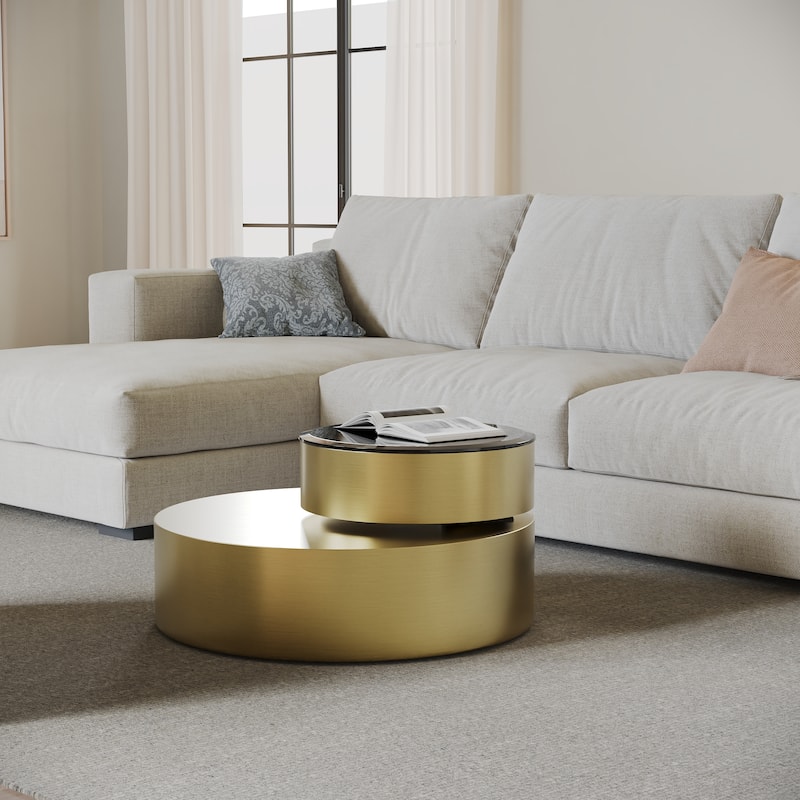 Luxury Round Coffee Table with 2 Tier Rotatable Top Circle Coffee Table with 360° Swivel Top for Living Room Apartment