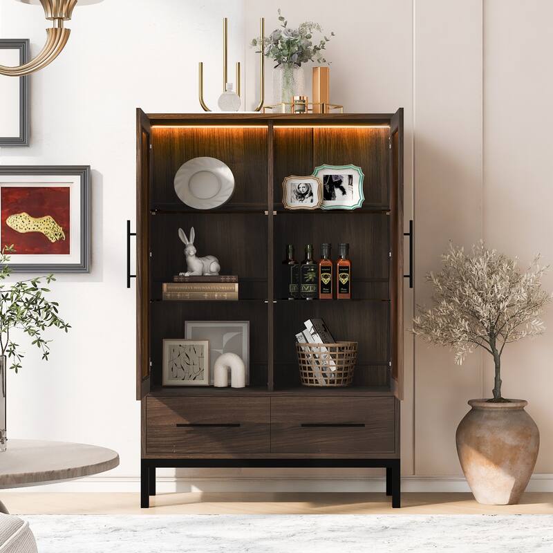Roomfitters 60'' Tall Display Cabinet with Glass Door, Farmhouse Pantry Storage Cabinet with Shelves for Living Room