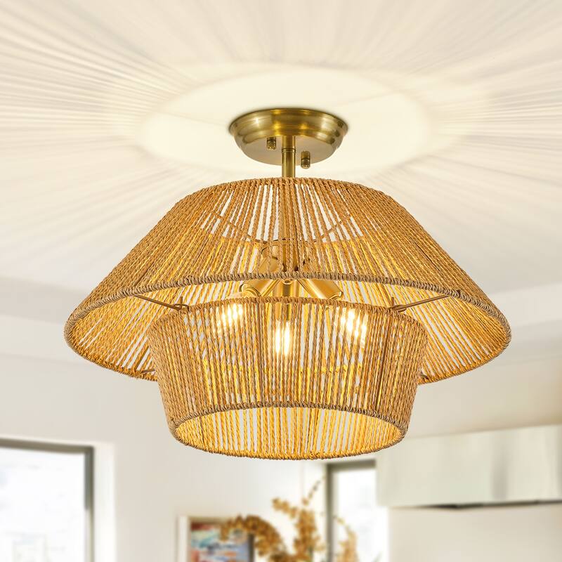 Starsky 3-Light 19.7in Rattan Handwoven Semi-flush Mount - Yellow