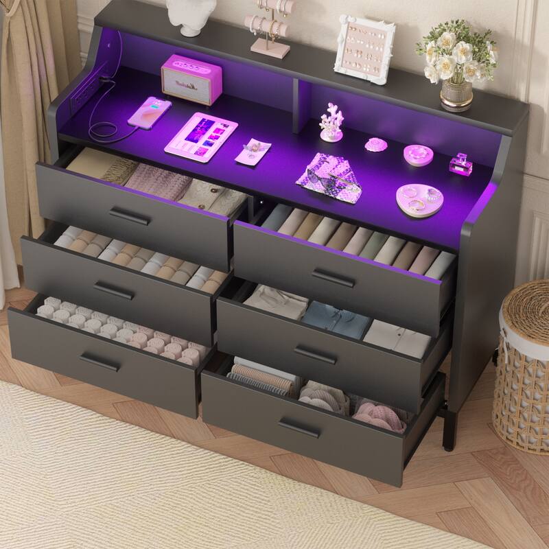 6 Drawers Dresser with Charge Station and LED Light, Closet Organizer for Bedroom