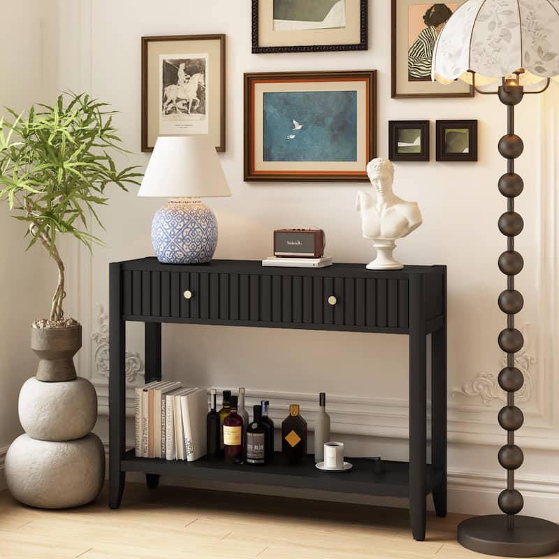 Narrow Console Table with Drawers & Shelf - Wood Accent Sofa Table in Black