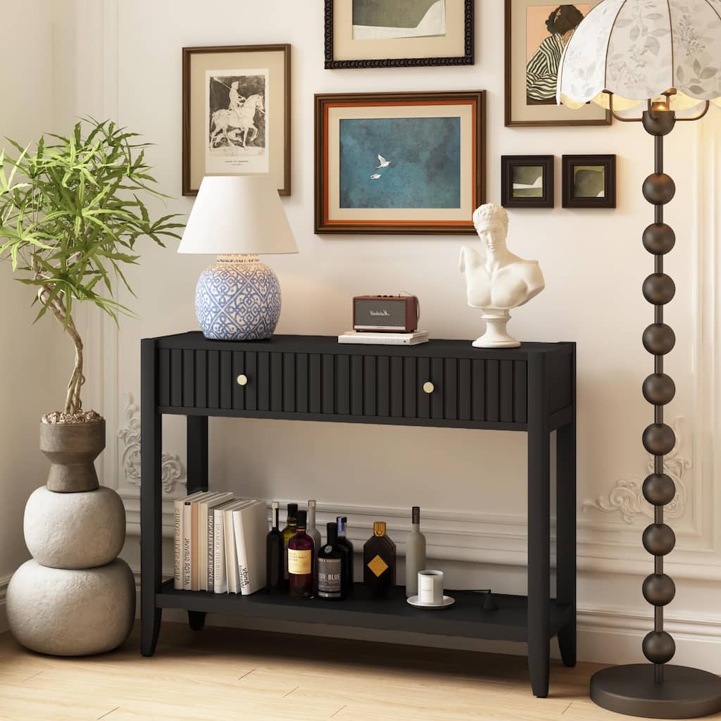 Narrow Console Table with Drawers & Shelf - Wood Accent Sofa Table in Black