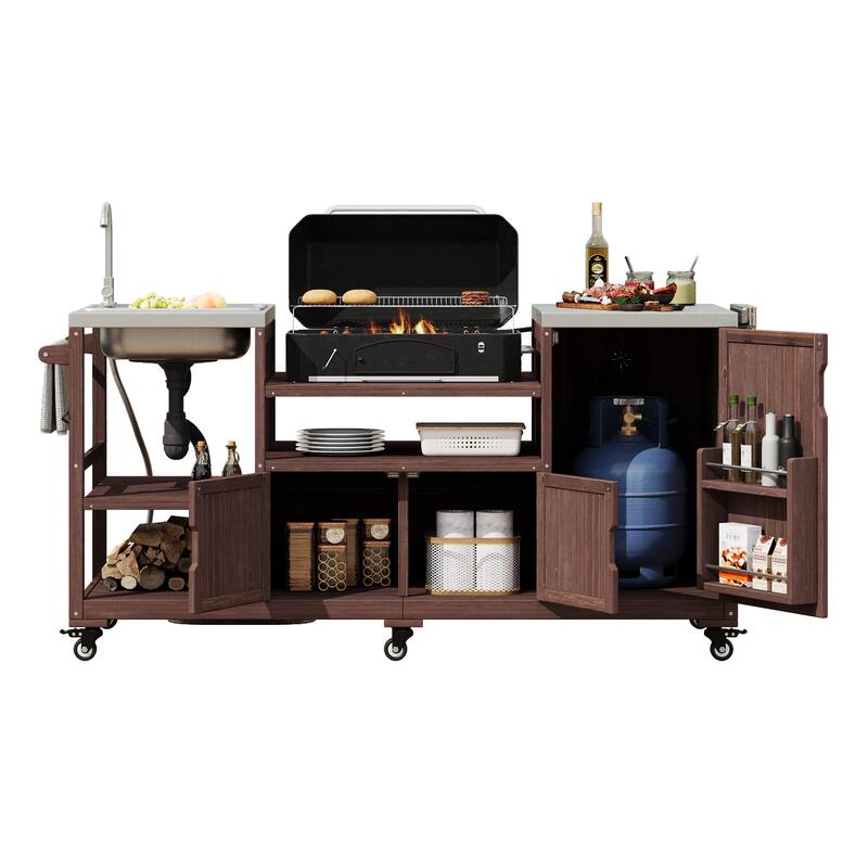 75" Outdoor Kitchen Island with Sink, Rolling Cart & Stainless Steel Top