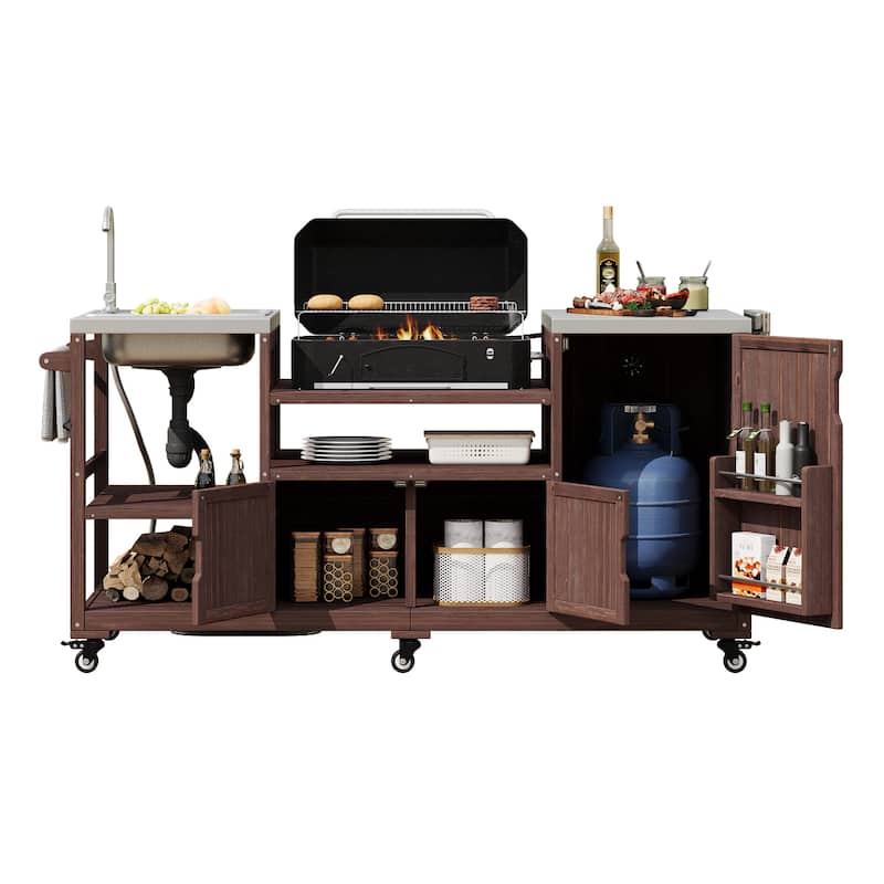 Kitchen Island with Sink, Grill Cart for Big Green Egg Grills, Rolling Bar Cart with Stainless Steel Top for Pizza Prep and BBQ