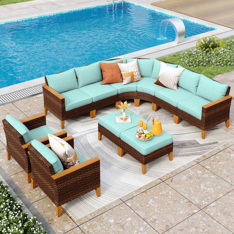 12-Seat Outdoor Wicker Half-Round Furniture Set, Half-Moon Sectional Sofa All Weather Curved Conversation Set - 10-Seat - Type M