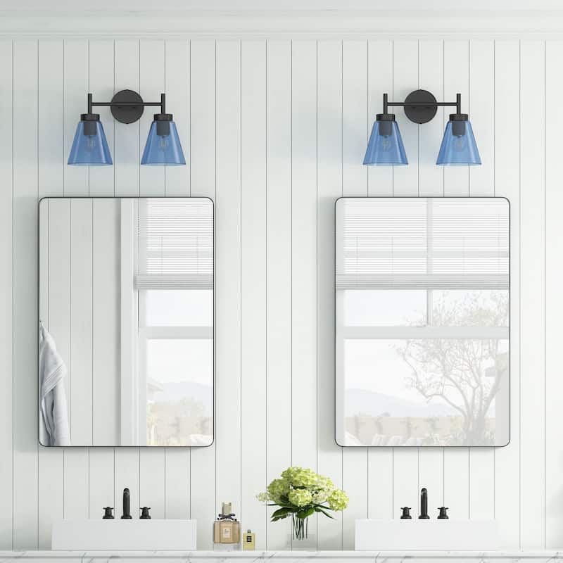 Rustic Farmhouse Black 2-Light Wall Sconce with Blue Seeded Glass Shade