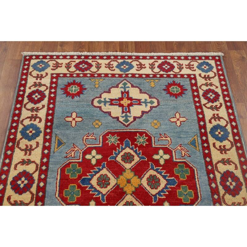 Blue Geometric Kazak Oriental Accent Rug Handmade Wool Carpet - 3'4" x 4'9"