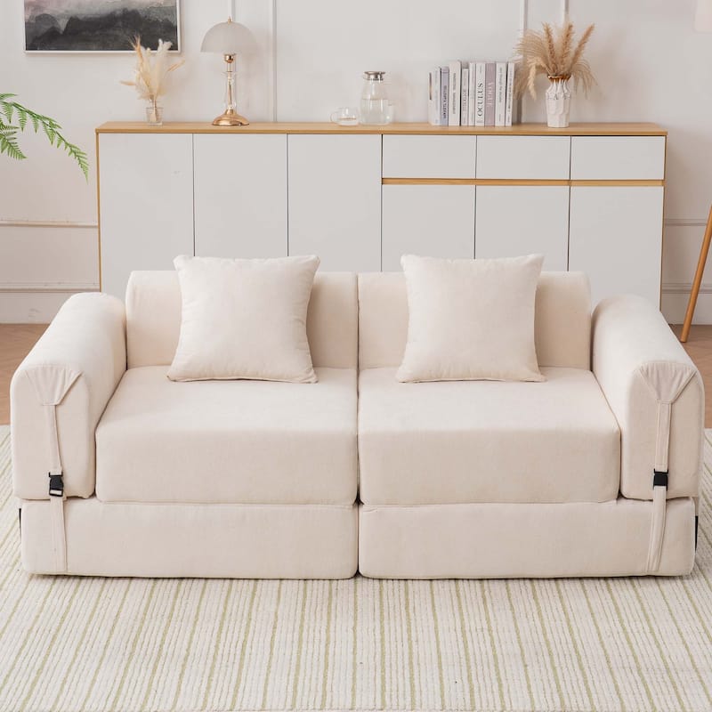 Folding Chaise Longue Sofa Fold Out Loveseat Floor Couch, Convertible Sleeper Sofa Bed Modular Leisure Sofa - Beige