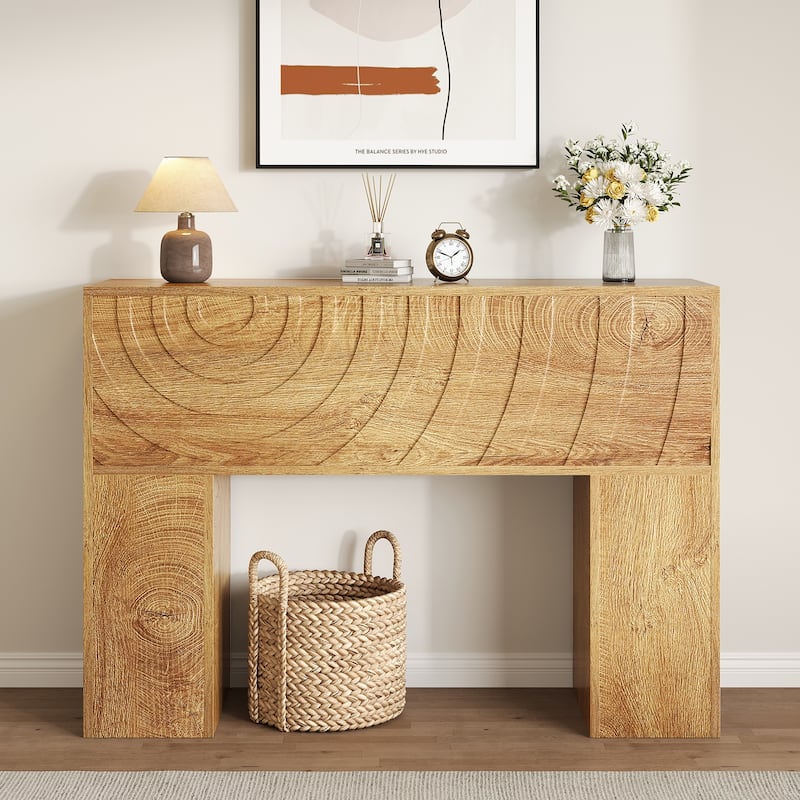 Rossetta Farmhouse Carved Design Console Table with Water Ripple Pattern Detail - Oak