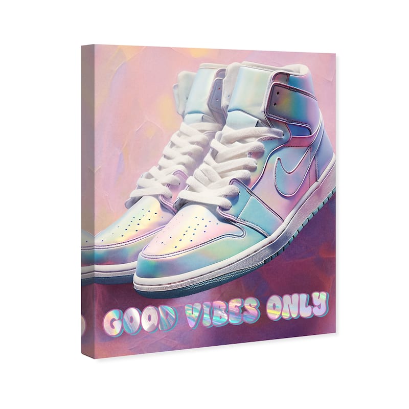Wynwood Studio Fashion and Glam Good Vibes Sneakers Purple and Light Blue Modern & Contemporary Wall Art Canvas Print