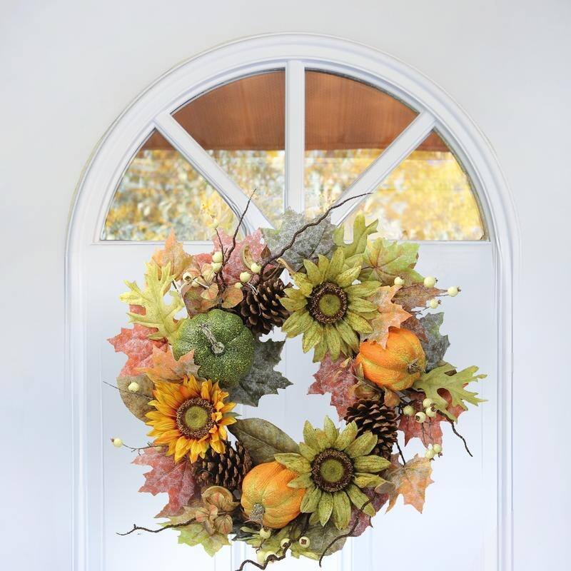 24-inch Faux Sunflowers, Pumpkins Fall Wreath