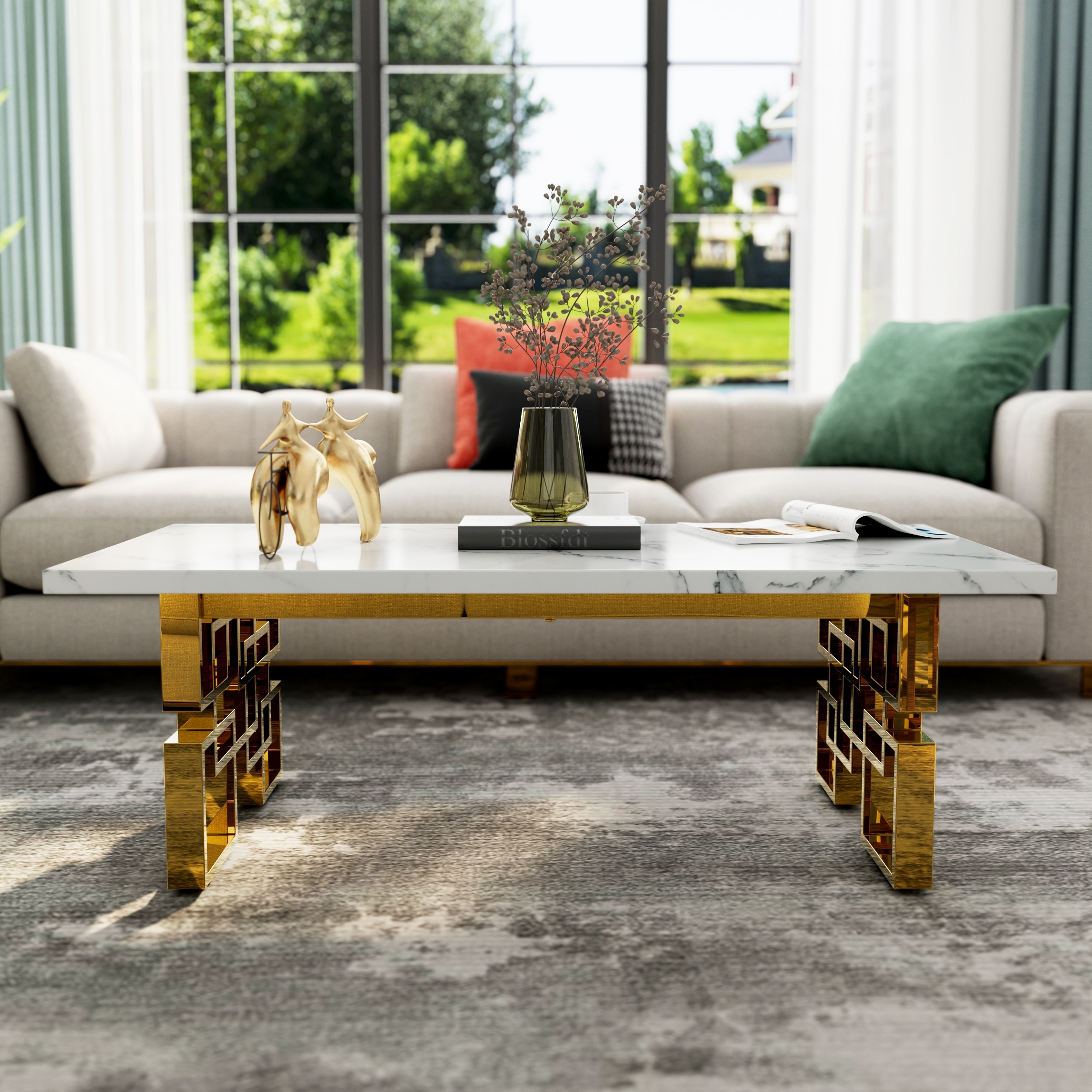 Faux Marble Coffee Table with Metal Legs for Living Room Office