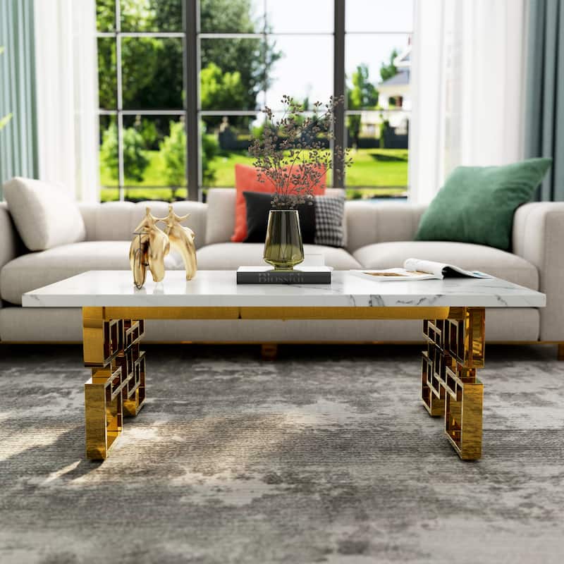 Faux Marble Coffee Table with Metal Legs for Living Room Office - White