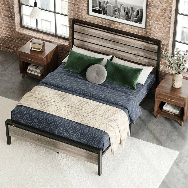 Bed Frame with LED Light and Charging Station, Metal Platform Bed with Wood Headboard