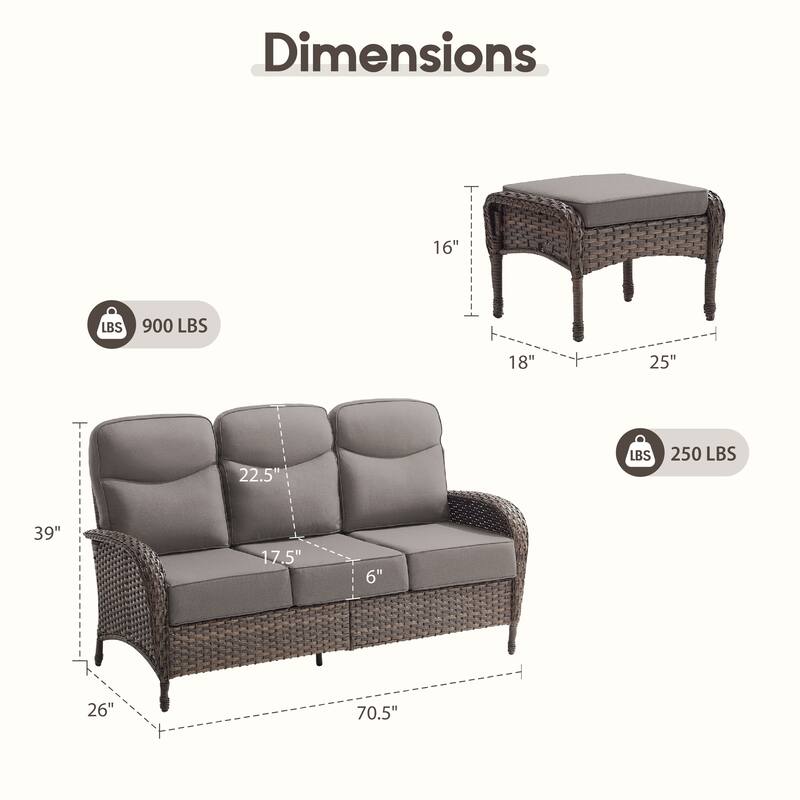 Luna 3-Seat Wicker Patio Sofa with 6-Inch Thick Cushions and 2 Ottomans