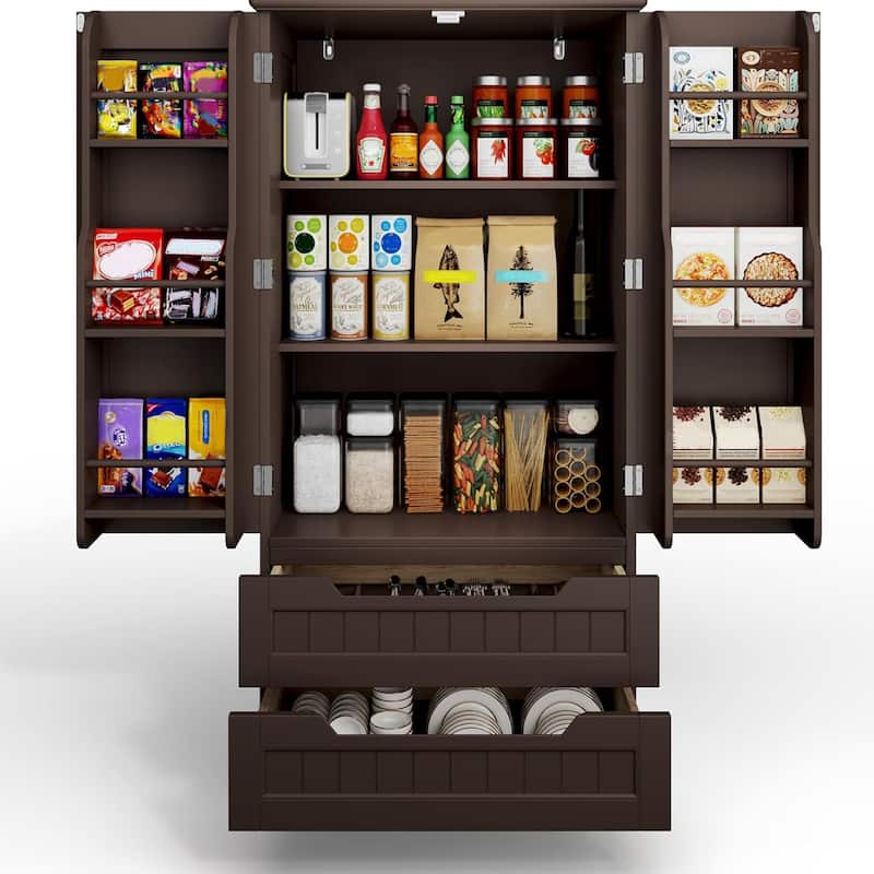 Kitchen Storage Pantry Cabinet, Freestanding Bathroom Storage Cabinet with 2 Doors and Drawers - Dark Brown
