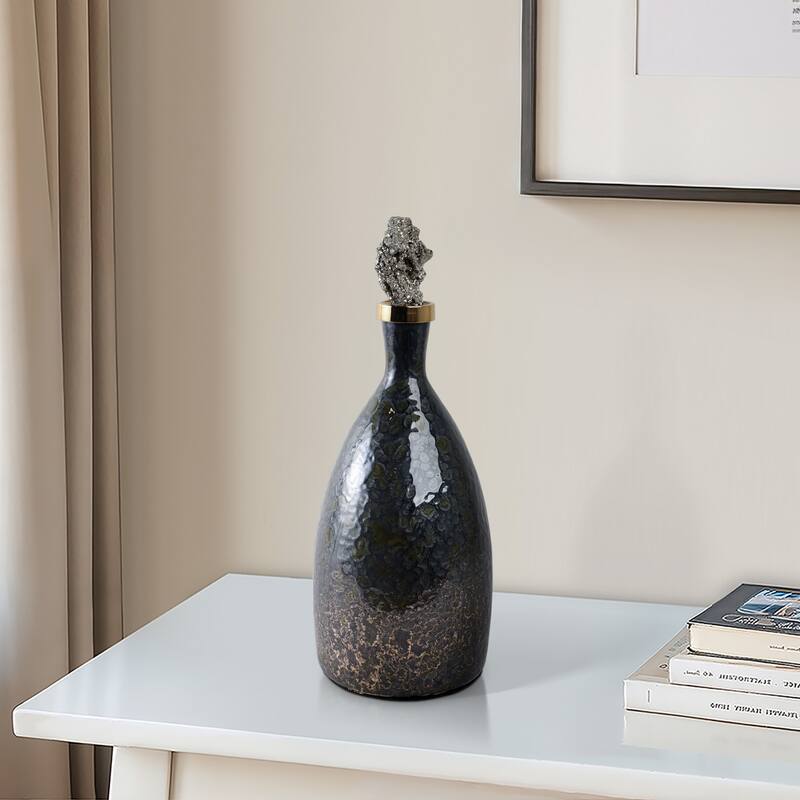 Glass Decorative Vase Metal Brass Accents with Sculptural Topper - 6" x 6" x 15"