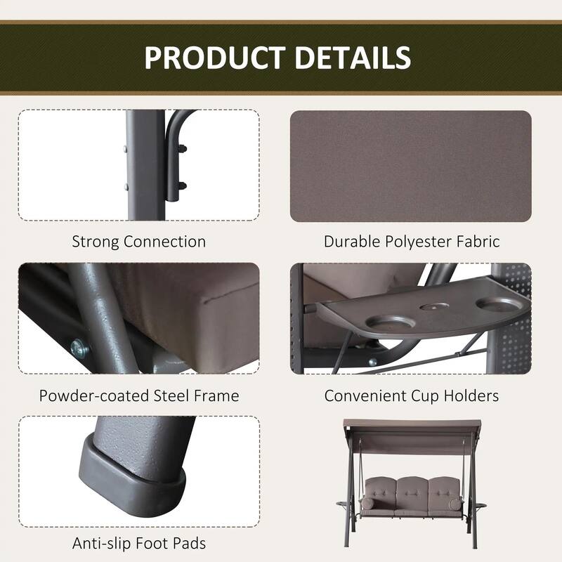 3-Seat Patio Swing Chair, Adjustable Canopy, Side Trays, Comfort Set