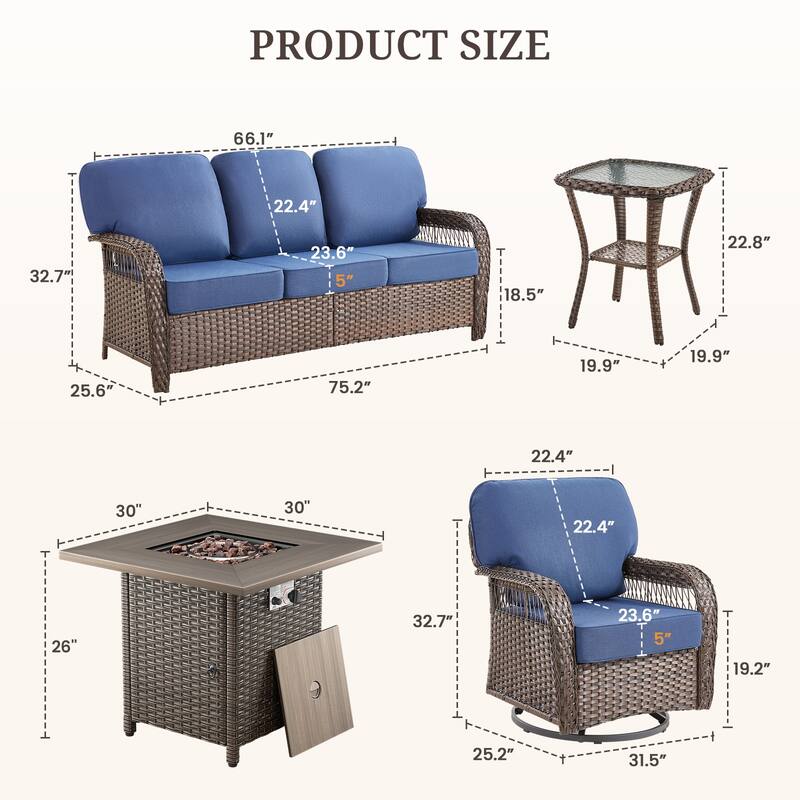Pocassy Patio Outdoor Fire Table with Sofa Ottoman Swivel Chair Funiture Set.