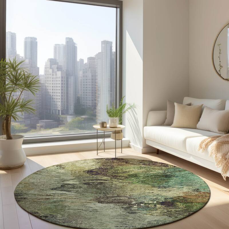 Machine Washable Indoor/ Outdoor Chantille Abstract Watercolor Rug - Beige - 8' x 8'