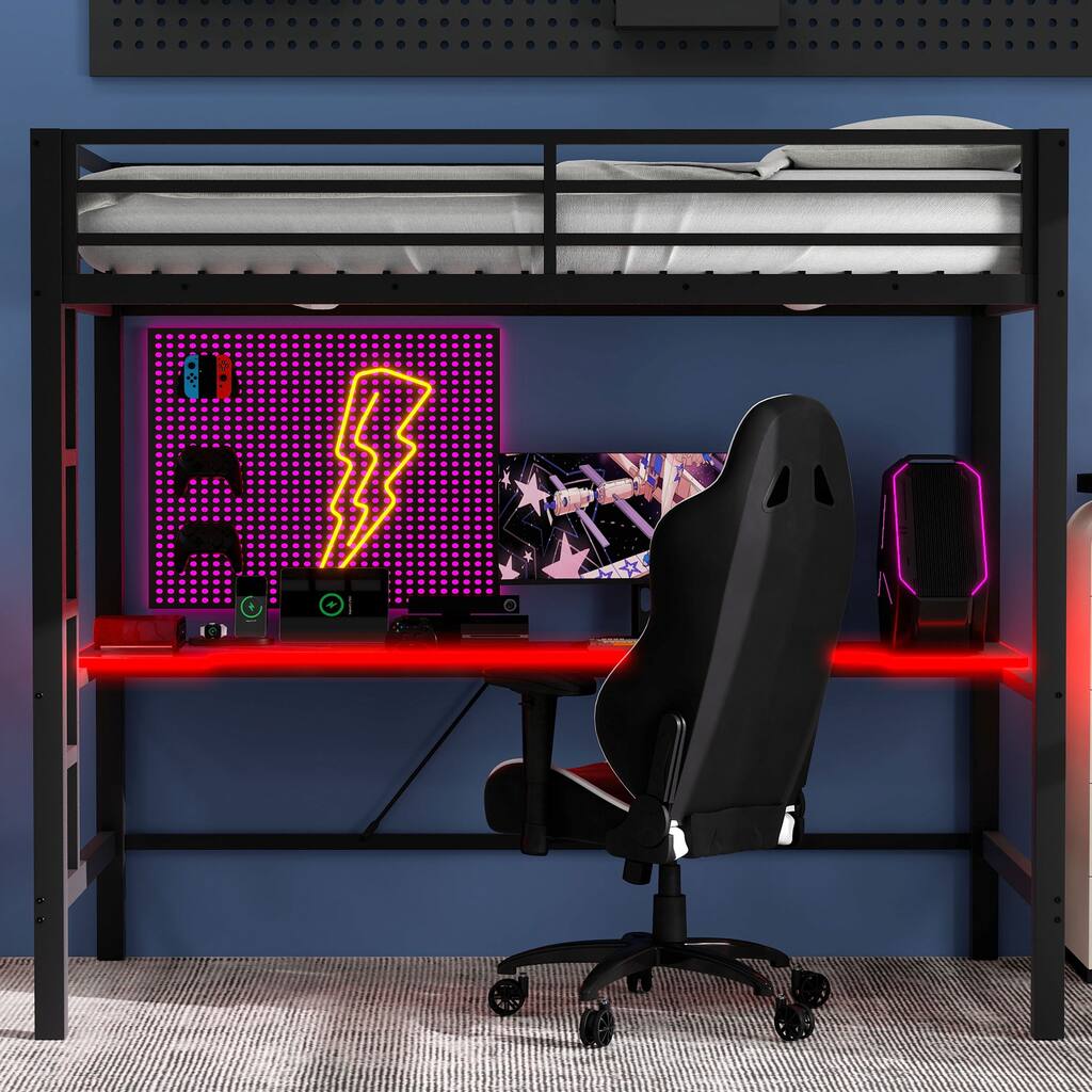 Gaming Loft Bed with RGB LED Light & USB Charge Station, Metal Loft Bed Frame w/Built-in Desk & Full-Length Guardrails
