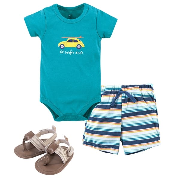 slide 1 of 1, Hudson Baby Infant Boy Cotton Bodysuit, Shorts and Shoe 3pc Set, Surfer Dude 0-3 Months - Surfer Dude