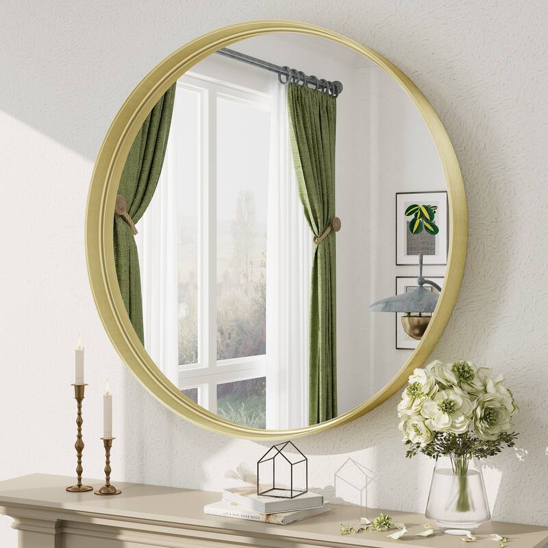 Round Tempered Glass and Metal Framed French Cleat Mounted Wall Bathroom / Vanity Mirror - 36" x 36" - Gold