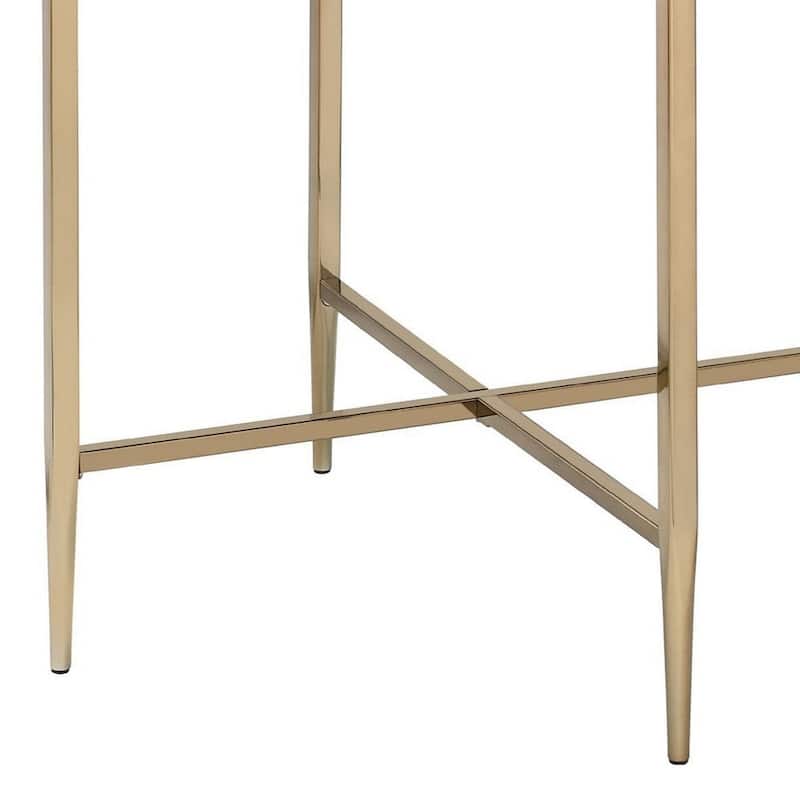 End Table with Oval Marble Top and X Shaped Support - Grey and Gold - 26 L x 26 W x 23.62 H Inches