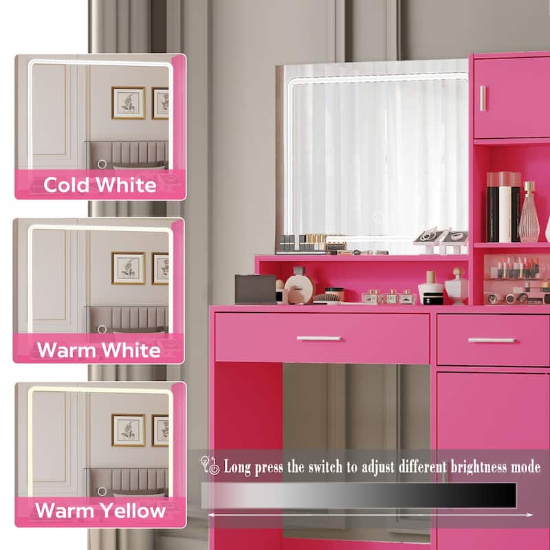 Modern Vanity Desk with Mirror, LED Light Strip and Storage