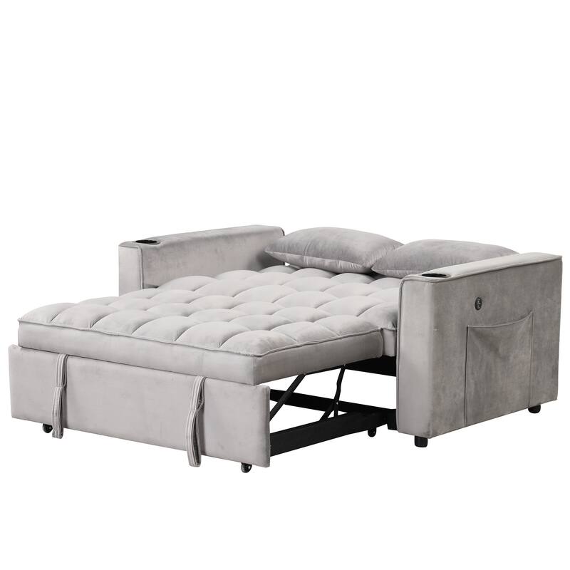 Convertible Sofa Couch with Cup Holder & USB Port, Adjustable Pullout Sofa Bed, Loveseat Sofa with Side Pocket & Pillows