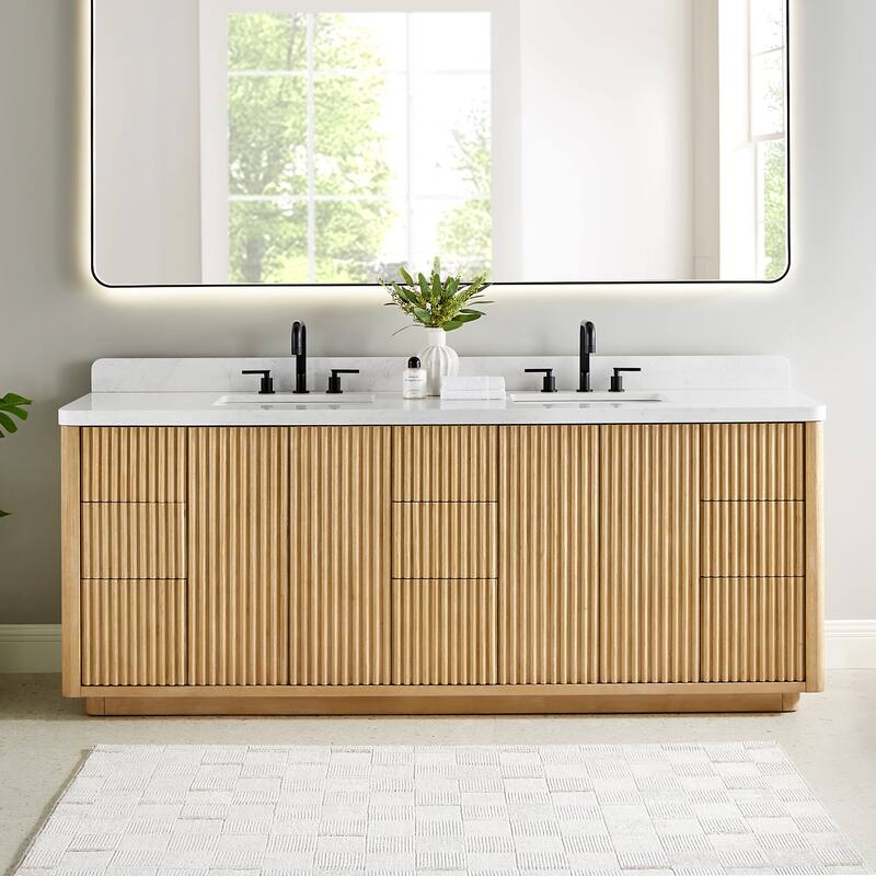 Clayton Bathroom Vanity in Washed Light Brown with Grain White Engineered Stone Countertop without Mirror