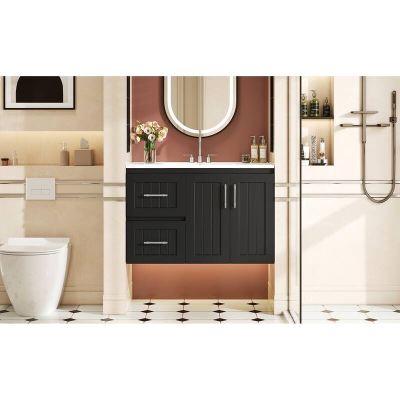 Roomfitters 36" Wall Mounted Bathroom Vanity with Sink, Floating Modern Vanity Cabinet with Ceramic Basin and Storage Drawers