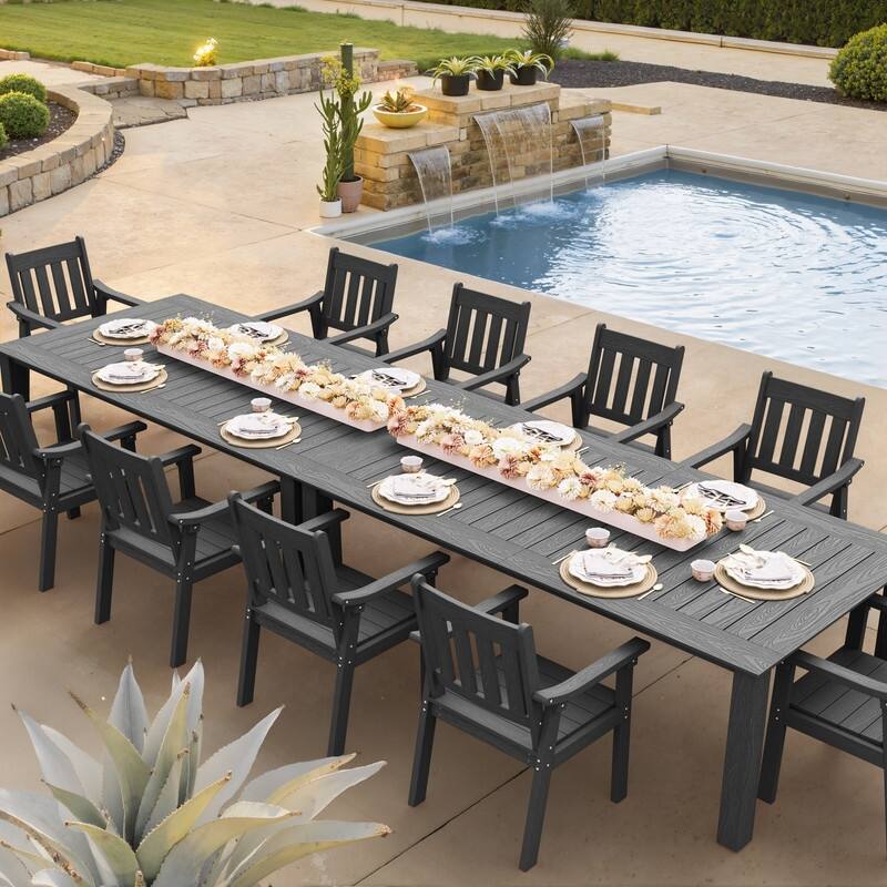 WINSOON 12-Piece HIPS All Weather Outdoor Patio Dining Sets with Umbrella Hole& Aluminum Frame,2-Table 10-Chairs