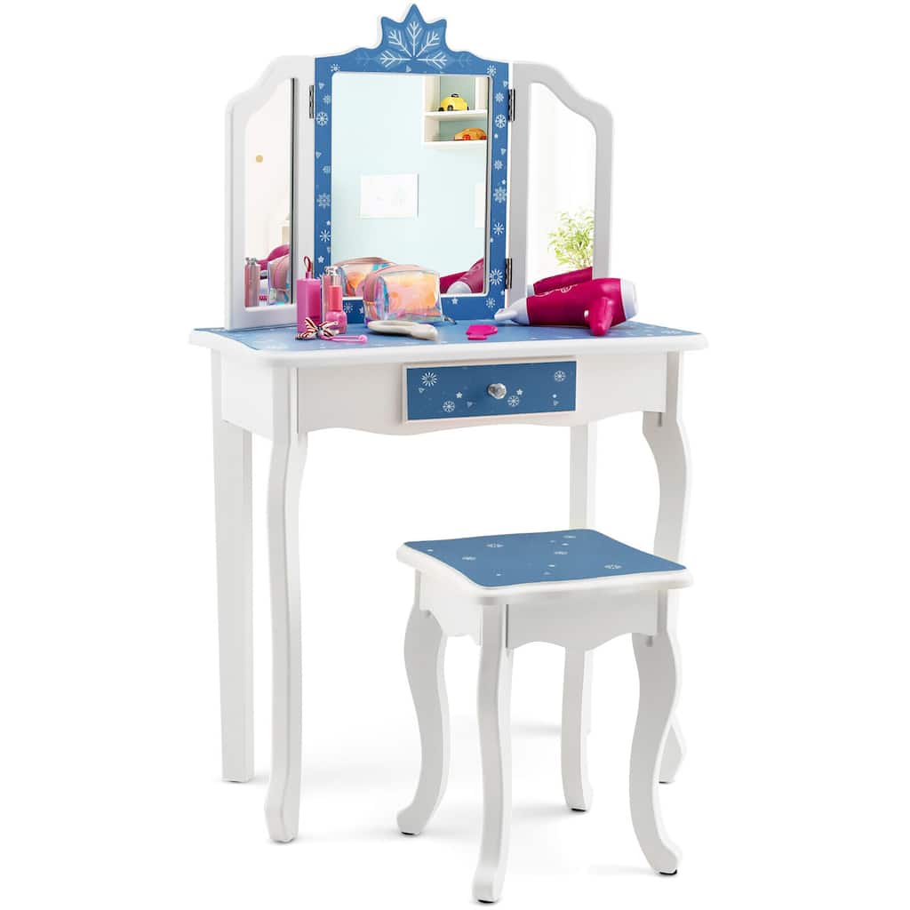 Gymax Kid Vanity Set Wooden Makeup Table Stool Tri-Folding Mirror