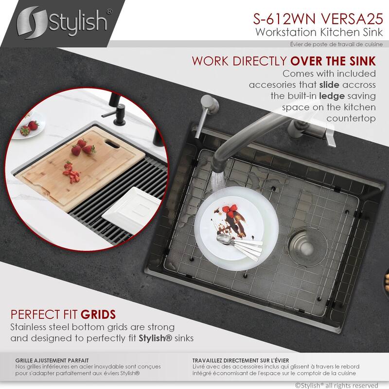 STYLISH 25 inches Workstation Single Bowl Undermount 16 Gauge Stainless Steel Kitchen Sink with Built in Accessories Handmade