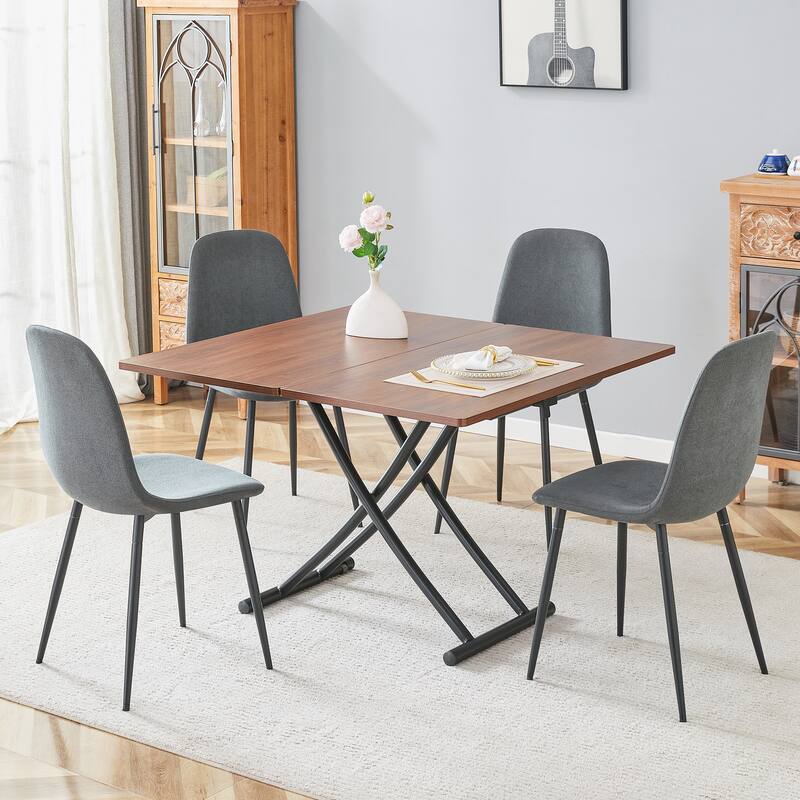 5-Piece Square Folding Dining Table Set, Wooden Lifting Dining Table with Dark Gray Linen Fabric Chairs for Small Spaces