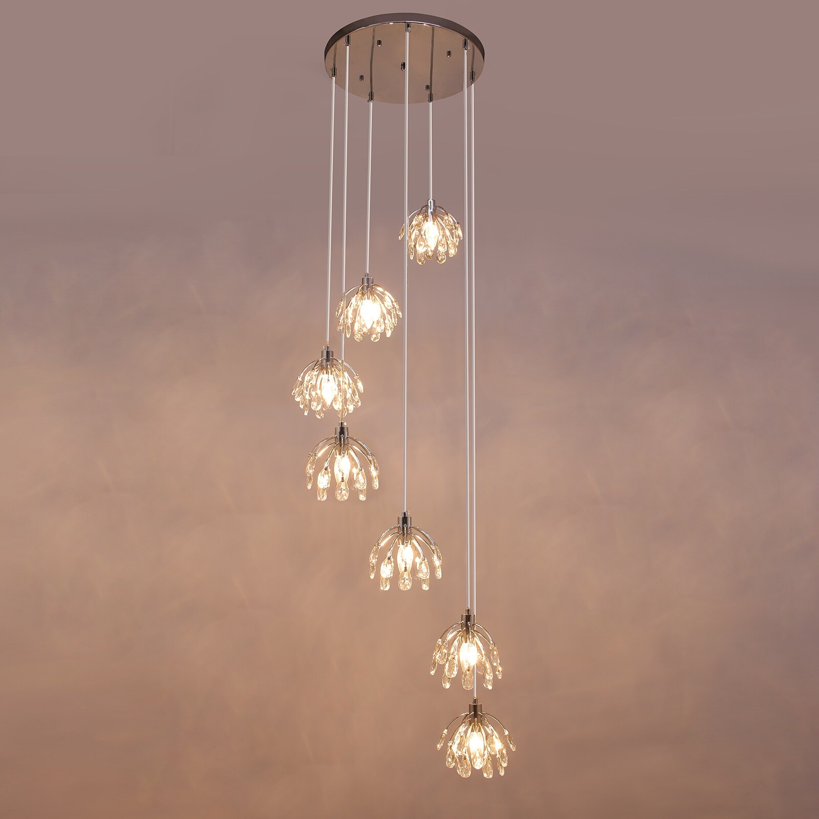 7 - Light Cluster Crystal Cylinder Stairway / Staircase Chandelier