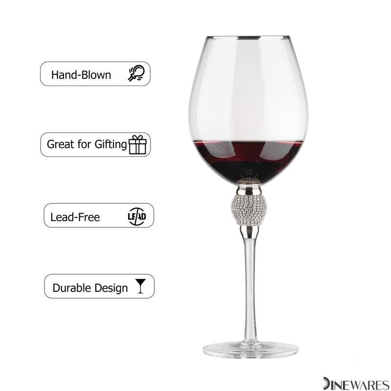 Rimmed Red Wine Glasses with Diamond Rhinestone Accent - 18 oz, 10 Inches Tall - Perfect Toasting Glasses for Bride and Groom