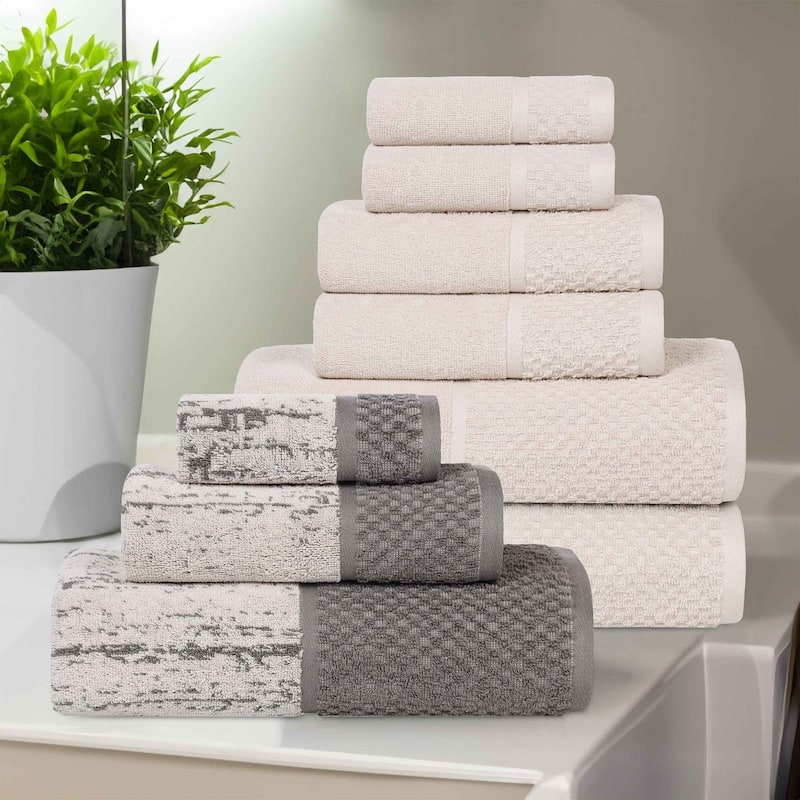 Superior Lodie Cotton Jacquard Solid and Two-Toned 9 Piece Towel Set - Ivory/Charcoal