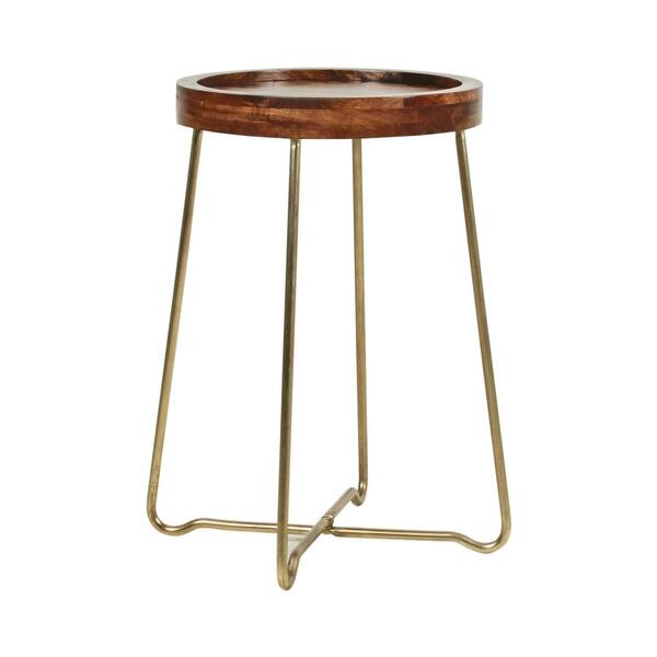 Gold Iron And Natural Wood Round Accent Table by East at Main On Sale